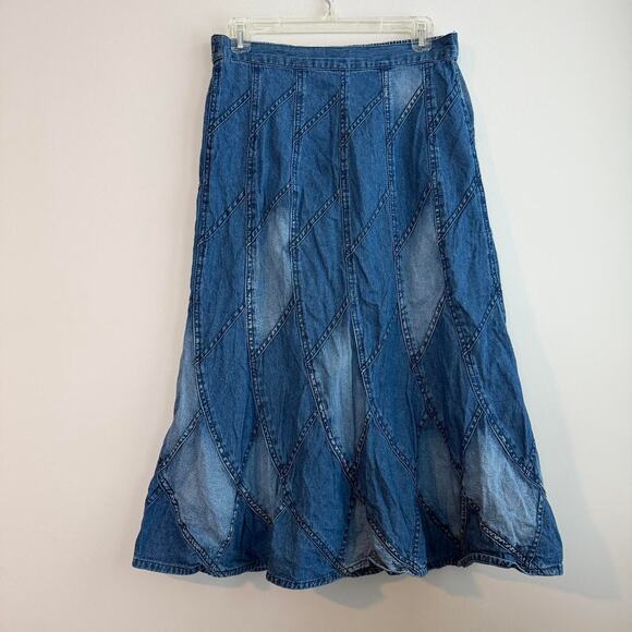 Blue denim patchwork diamond midi skirt with half elastic waistband - Picture 1 of 3